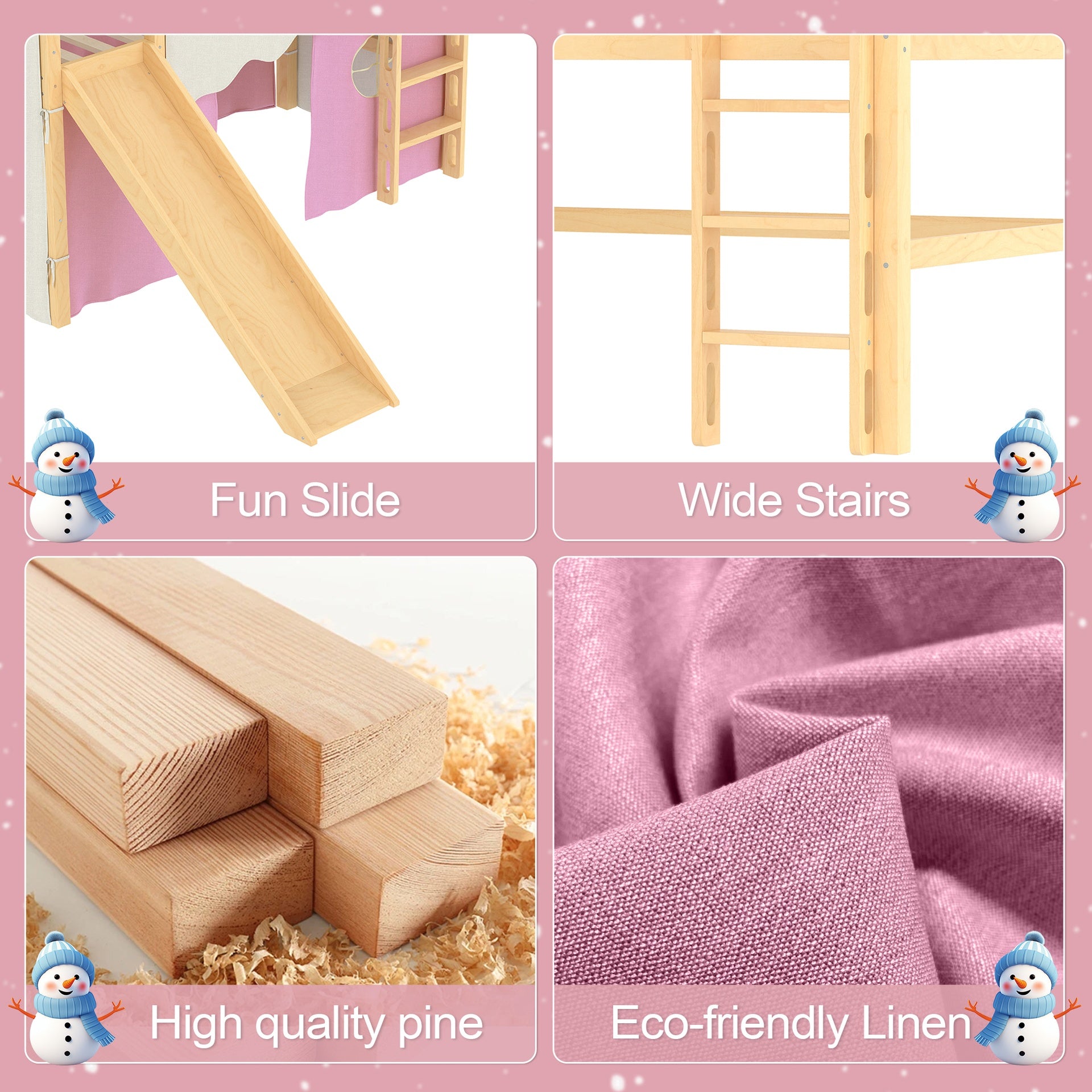 Twin Size House Loft Bed with Sills and Tents, Solid Wood Loft Bed with Ladders and Slide, Chic Design with Lights, No Box Spring Needed, Natural+Pink
