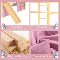 Twin Size House Loft Bed with Sills and Tents, Solid Wood Loft Bed with Ladders and Slide, Chic Design with Lights, No Box Spring Needed, Natural+Pink