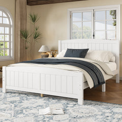 Queen Size Platform Bed, Solid Wood Platform Bed with Support Slats and Strong Structure, No Box Spring Needed, White
