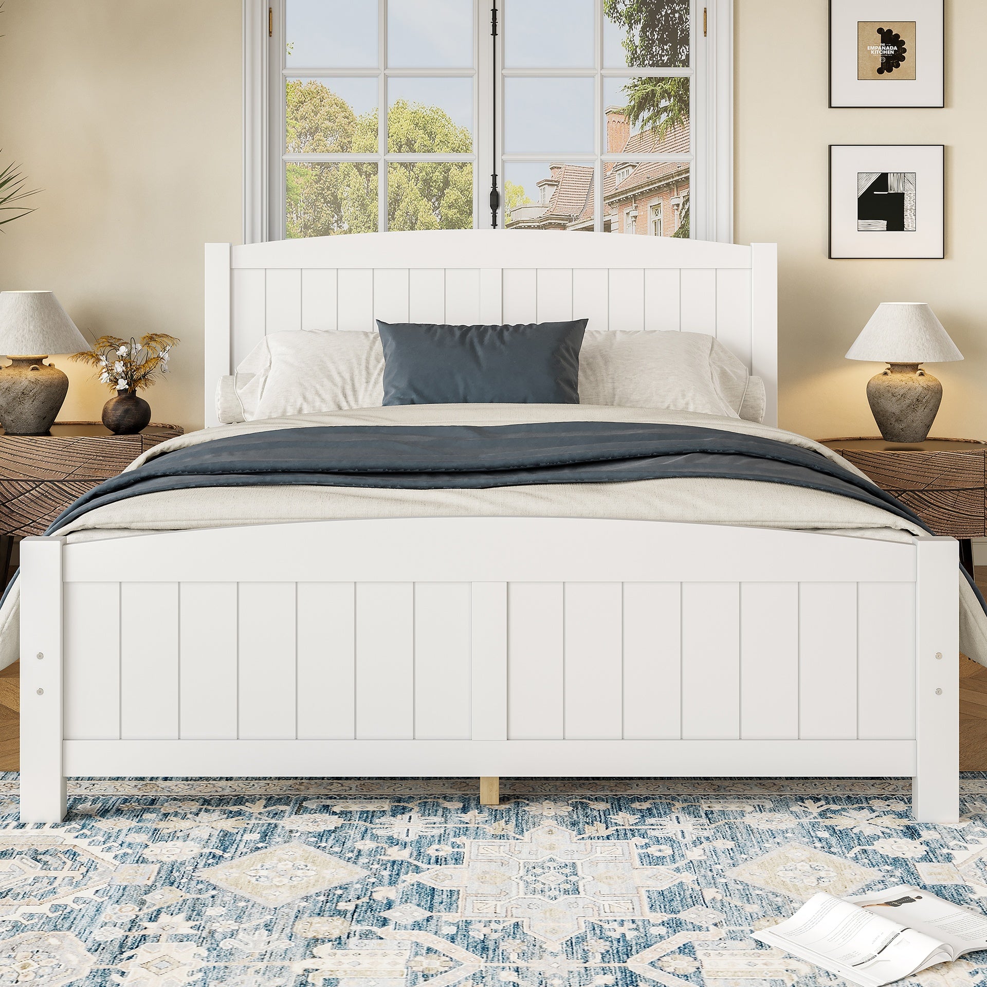 Queen Size Platform Bed, Solid Wood Platform Bed with Support Slats and Strong Structure, No Box Spring Needed, White