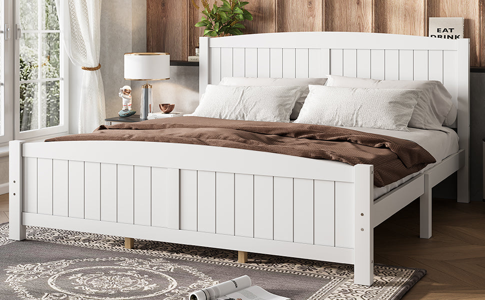 King Size Platform Bed, Solid Wood Platform Bed with Support Slats and Strong Structure, No Box Spring Needed, White