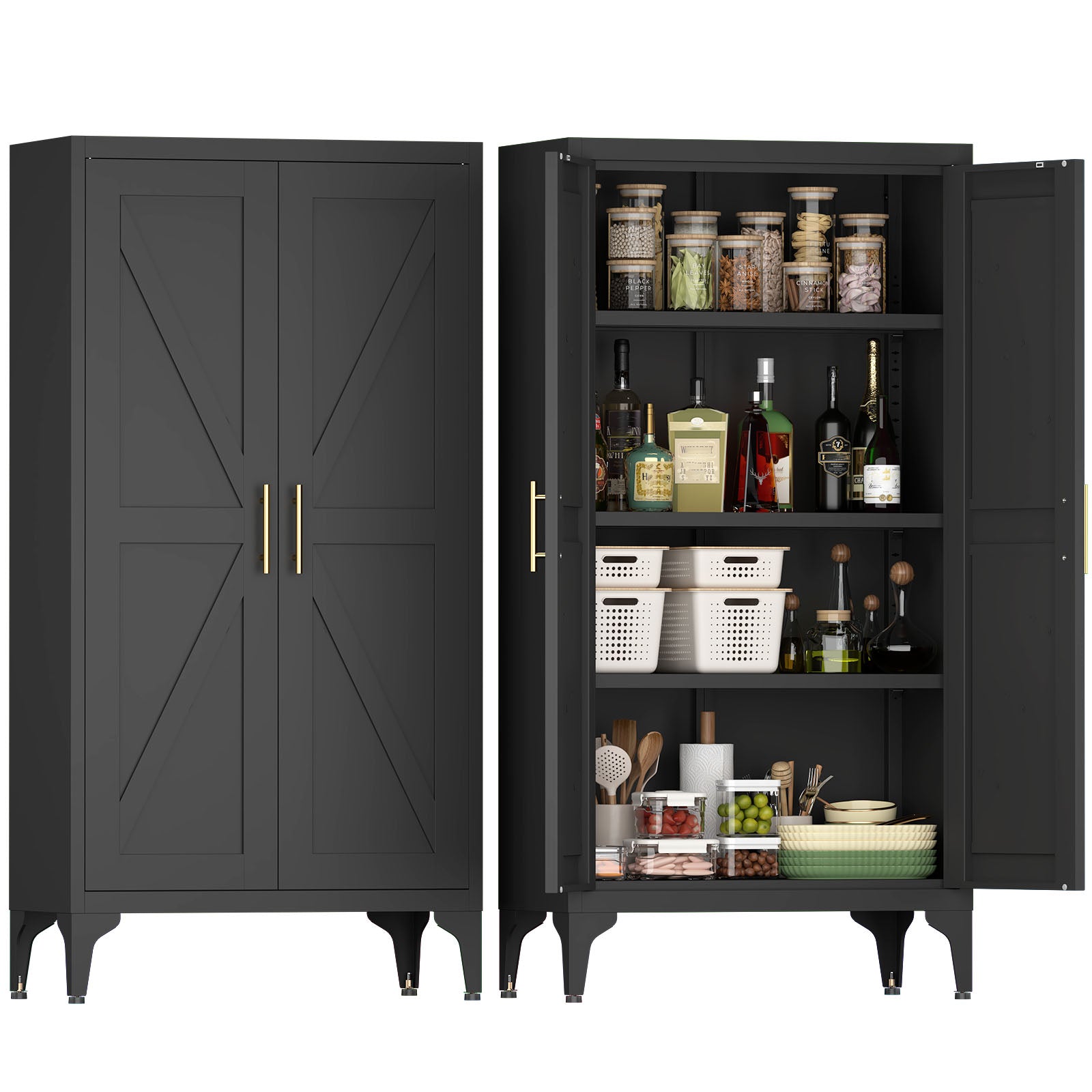 Metal Adjustable 2 Doors Metal Storage Cabinet Kitchen Pantry Cabinet With Adjustable Shelves all Steel Cabinet Locker For Kitchen, Living Room, Dining Room And Office