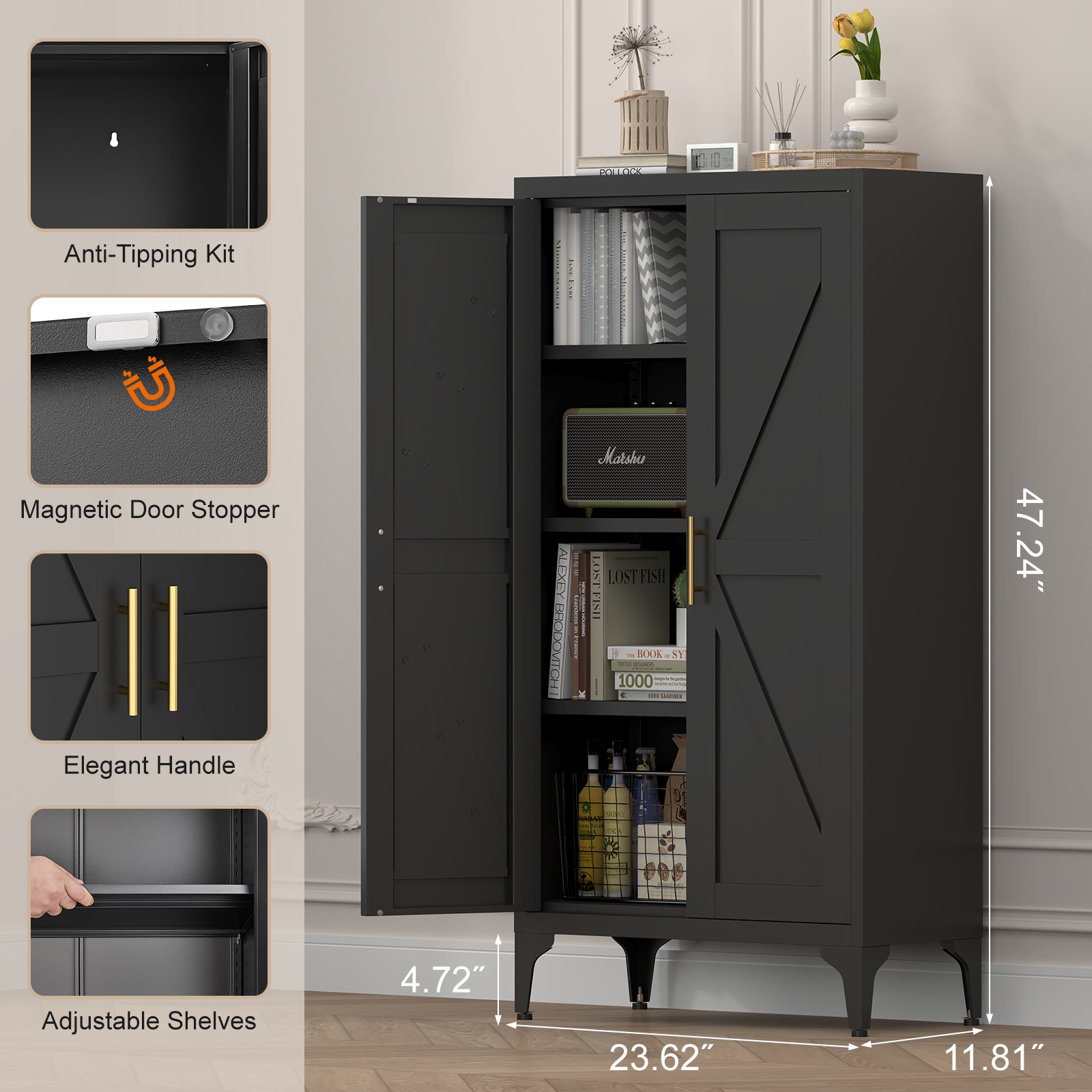 Metal Adjustable 2 Doors Metal Storage Cabinet Kitchen Pantry Cabinet With Adjustable Shelves all Steel Cabinet Locker For Kitchen, Living Room, Dining Room And Office
