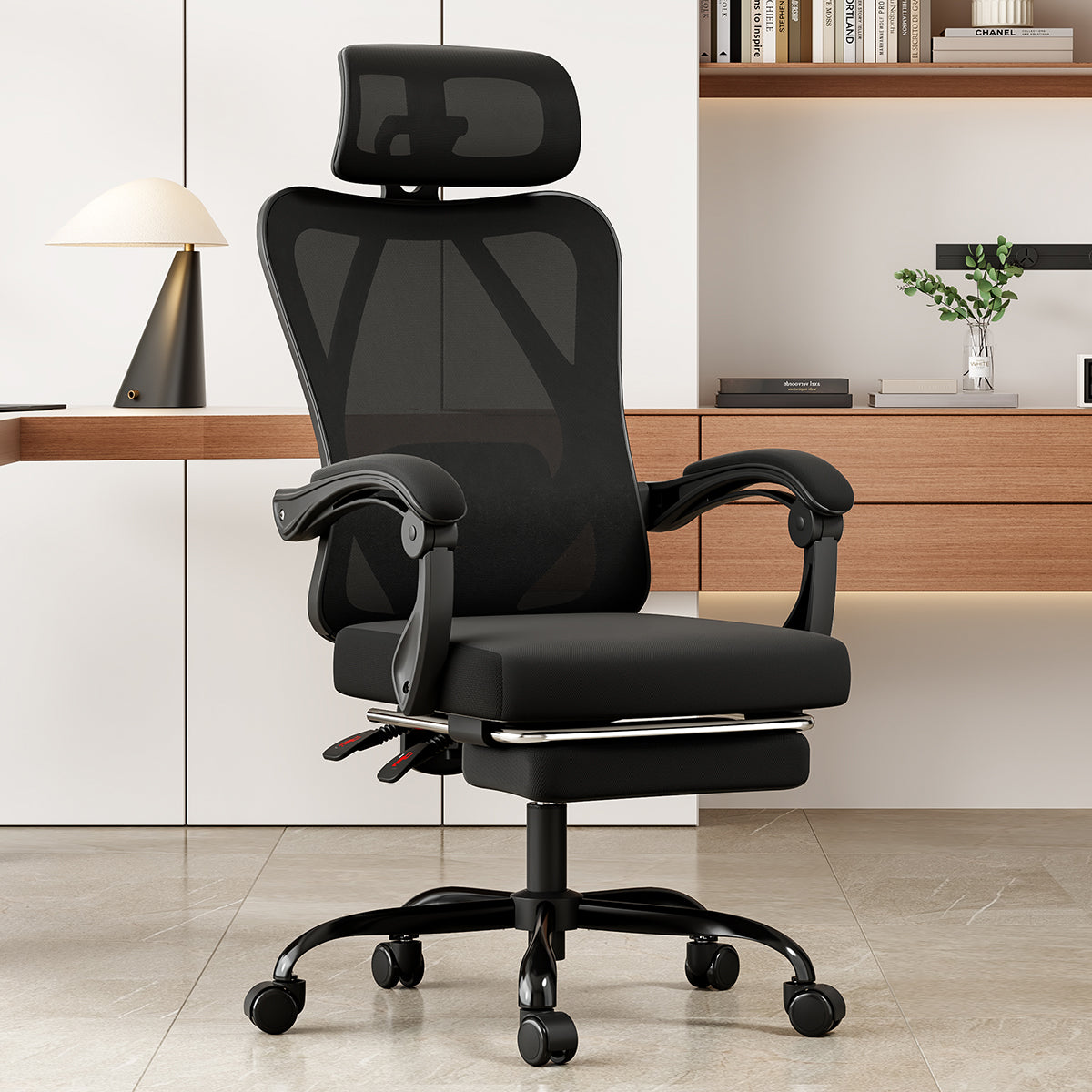 Ergonomic Office Chair with Footrest, Mesh Office Desk Chair with Headrest, High Back Computer Chair with Adjustable Lumbar Support for Home Office Study Room Bedroom, Black