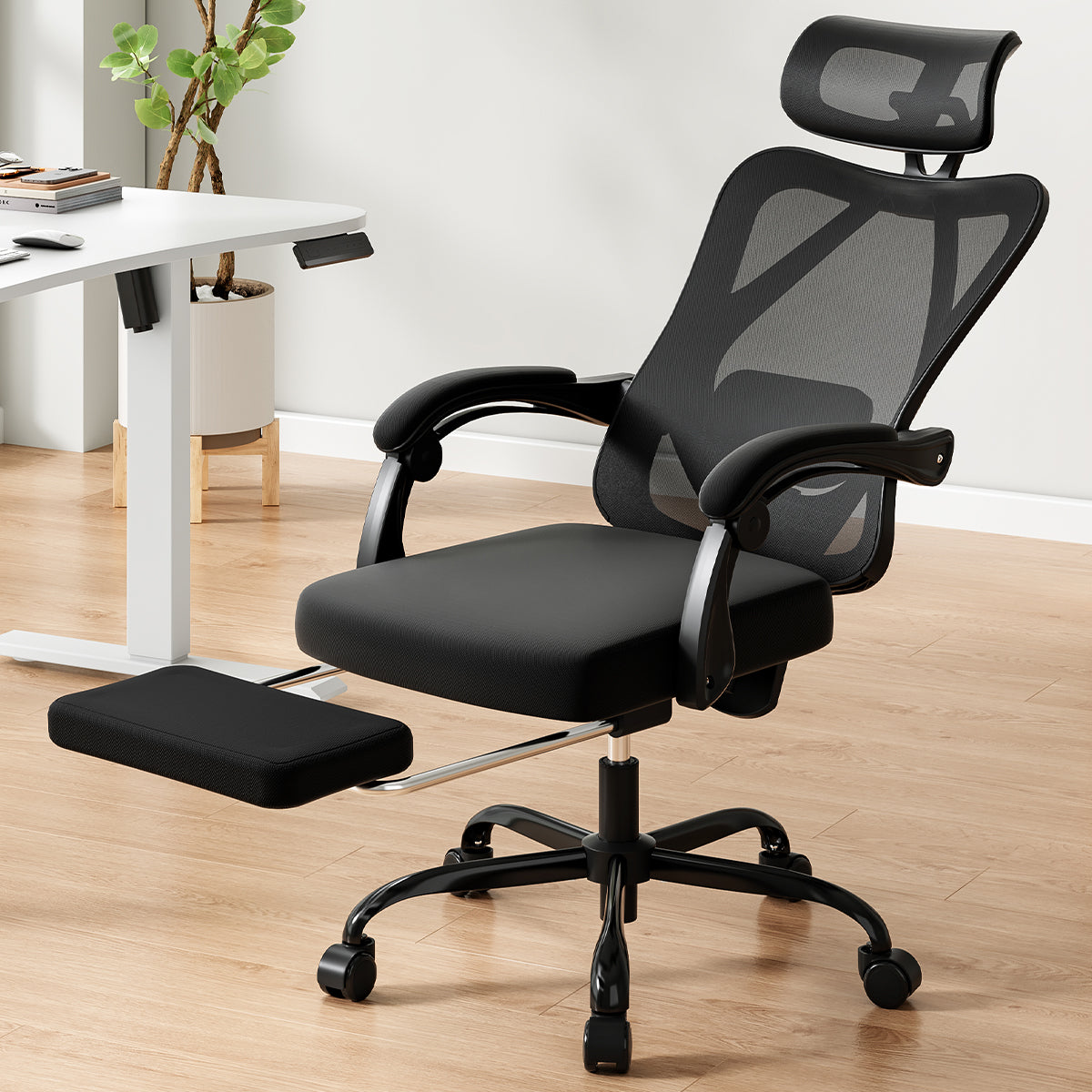 Ergonomic Office Chair with Footrest, Mesh Office Desk Chair with Headrest, High Back Computer Chair with Adjustable Lumbar Support for Home Office Study Room Bedroom, Black