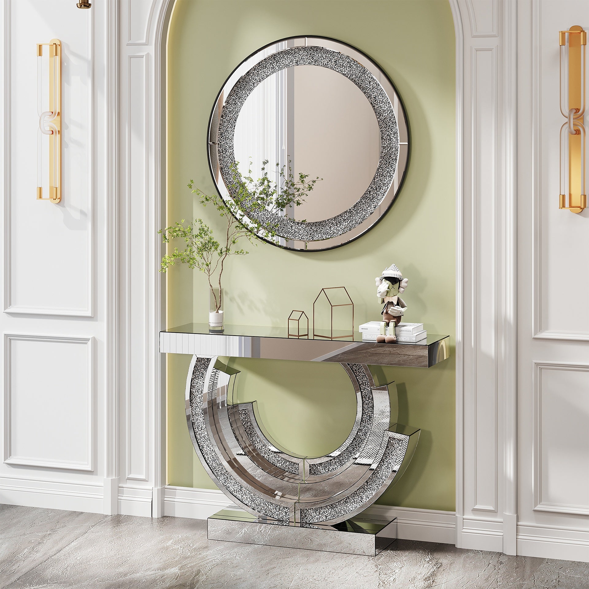 33.46"(85cm)Crystal Crush Diamond Sparkly round Silver Mirror for Wall Decoration