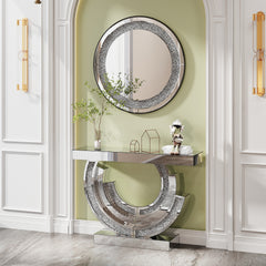 33.46"(85cm)Crystal Crush Diamond Sparkly round Silver Mirror for Wall Decoration