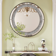 33.46"(85cm)Crystal Crush Diamond Sparkly round Silver Mirror for Wall Decoration