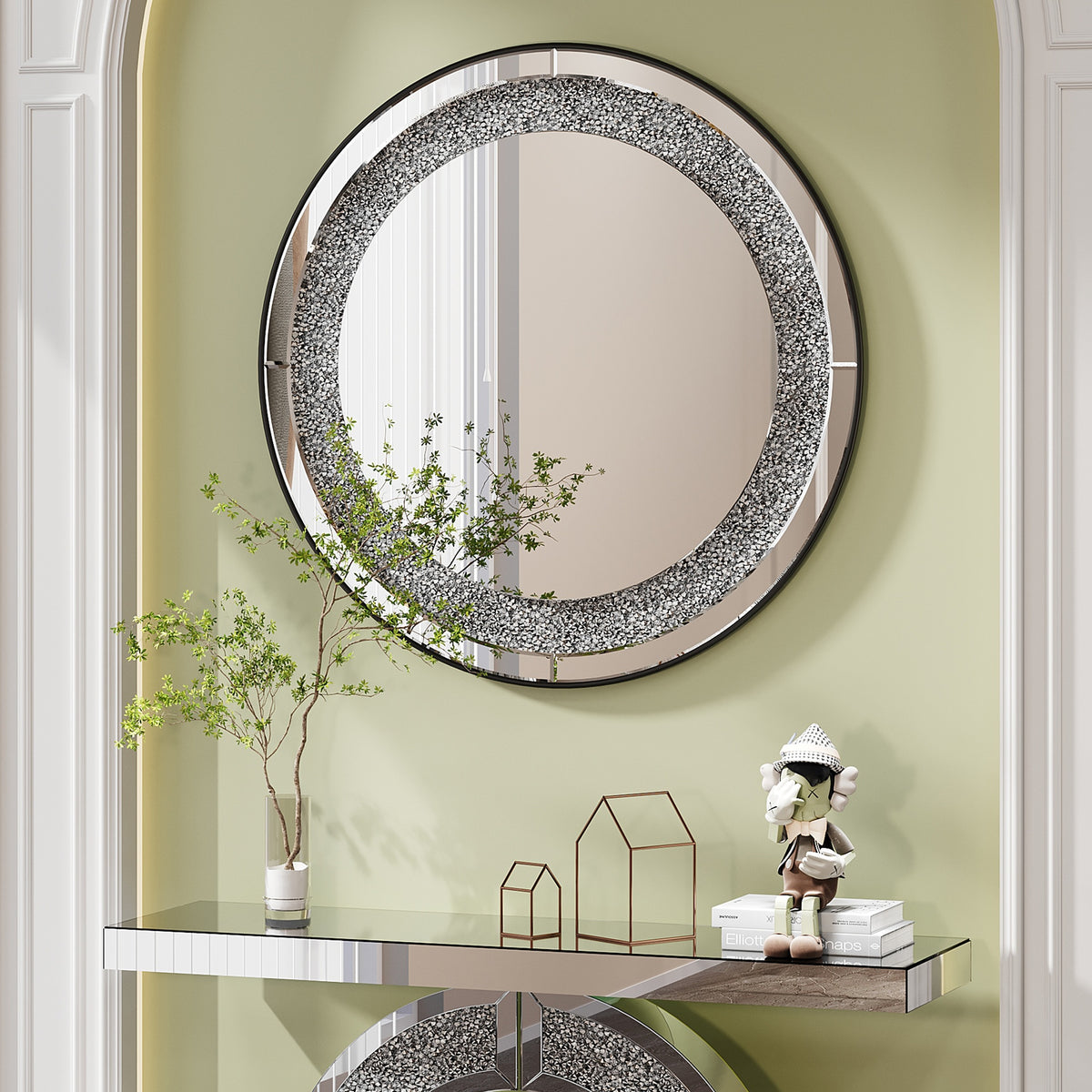 33.46"(85cm)Crystal Crush Diamond Sparkly round Silver Mirror for Wall Decoration