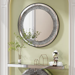 33.46"(85cm)Crystal Crush Diamond Sparkly round Silver Mirror for Wall Decoration