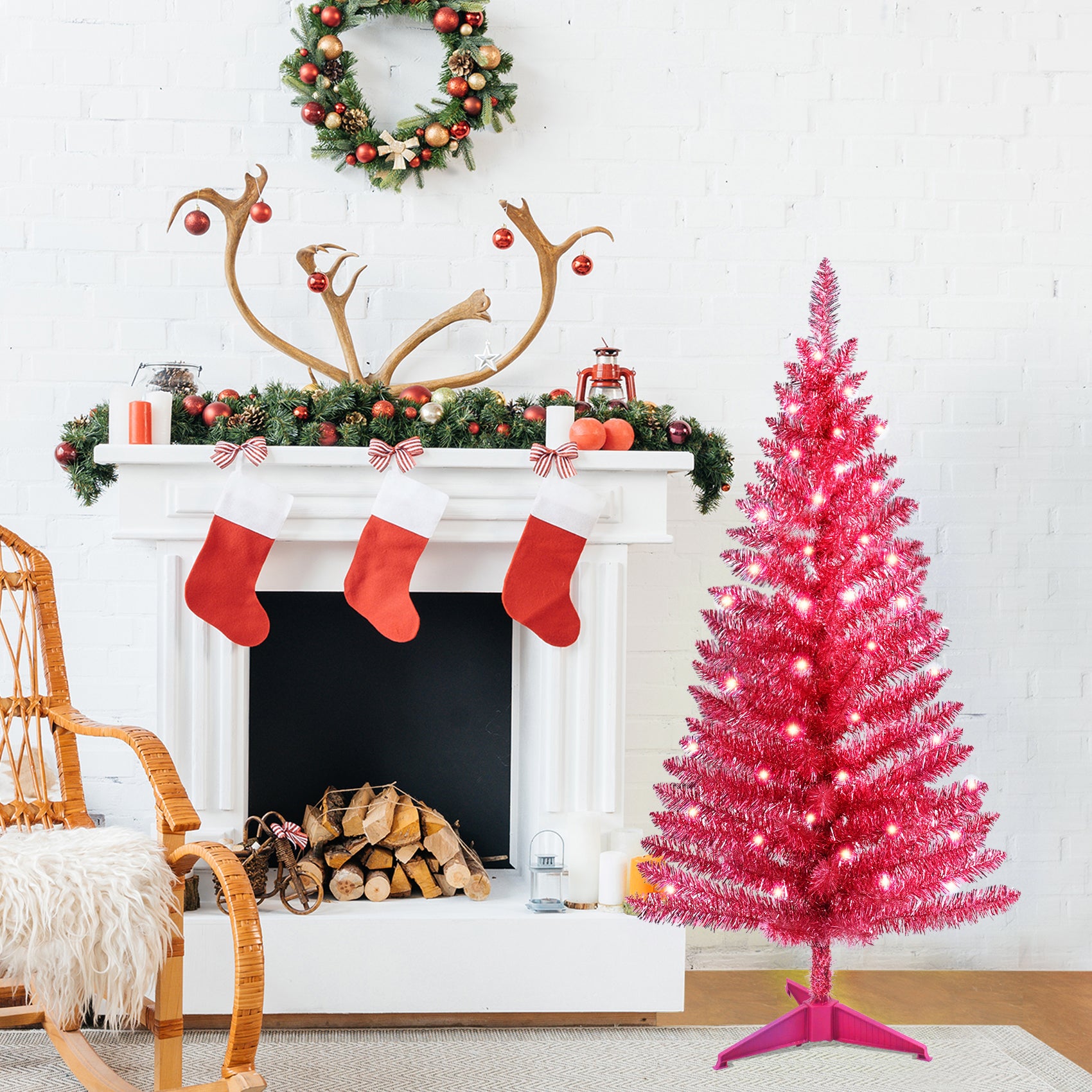 4FT Red Christmas Tree with 50 UL Lights, 122 PVC Tips – Prelit Artificial Holiday Tree for Indoor Decoration, Small Space, Tabletop, Apartment, or Office