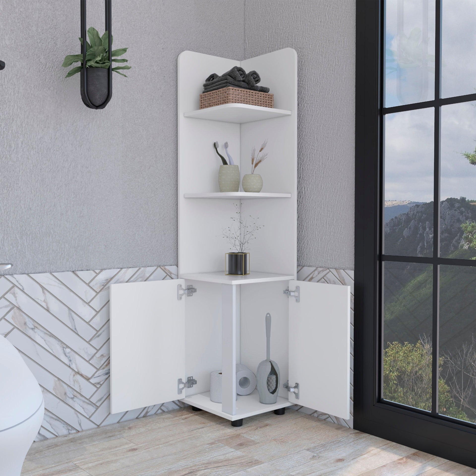62H" Tall Corner Cabinet with 3-Tier Shelf and 2-Door, White
