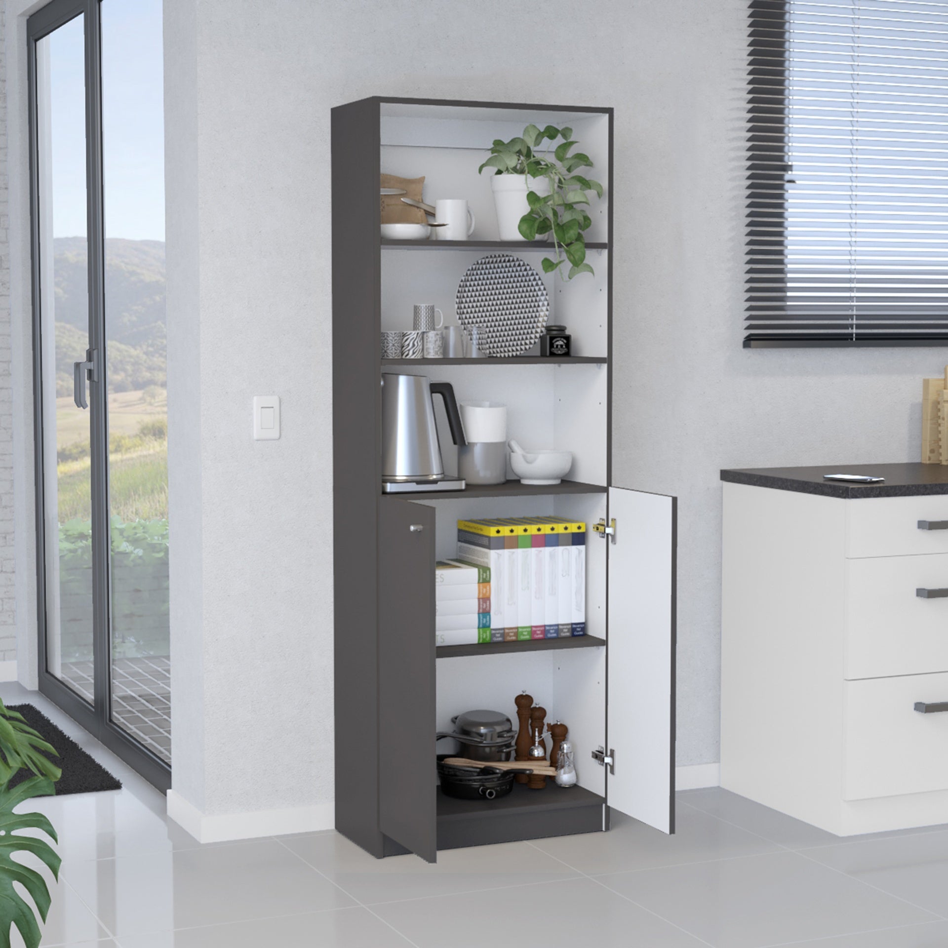 Vinton 2-Door Bookcase with Upper Shelves, Matt Gray / White
