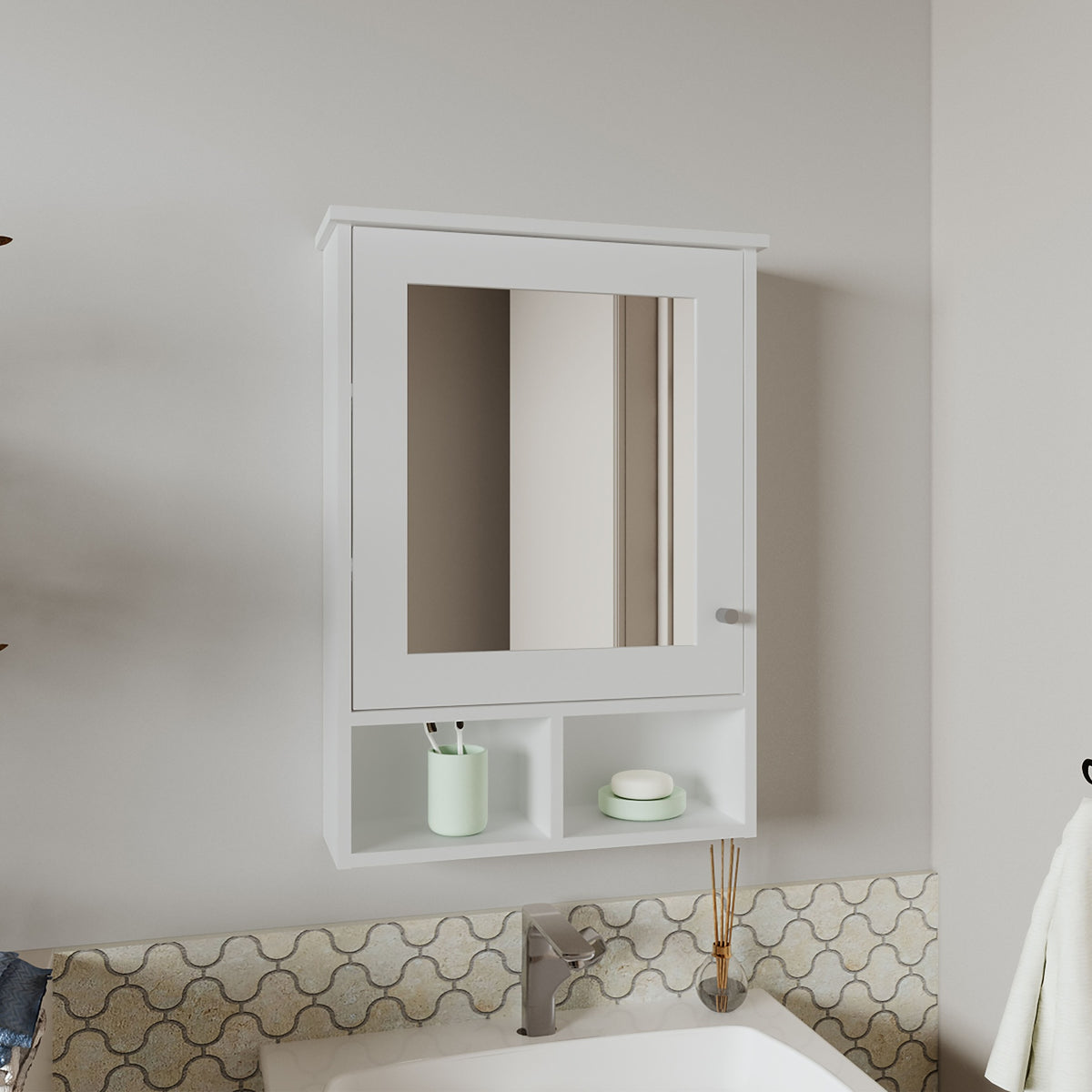 Medicine Cabinet 29" H, with 5 Shelves, 1 Door, and 1 Mirror, White