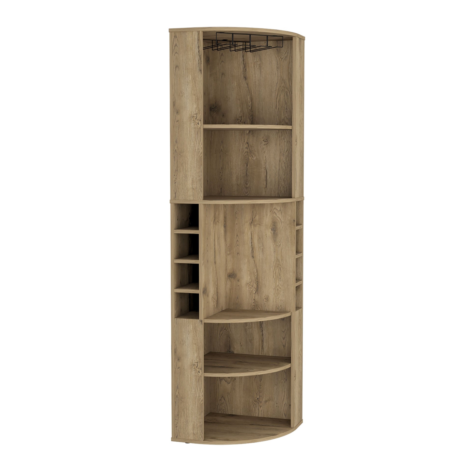 Corner Bar Cabinet 71"H with Five Shelves, Eight Bottle Cubbies and Stemware,Macadamia