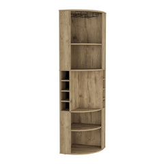 Corner Bar Cabinet 71"H with Five Shelves, Eight Bottle Cubbies and Stemware,Macadamia