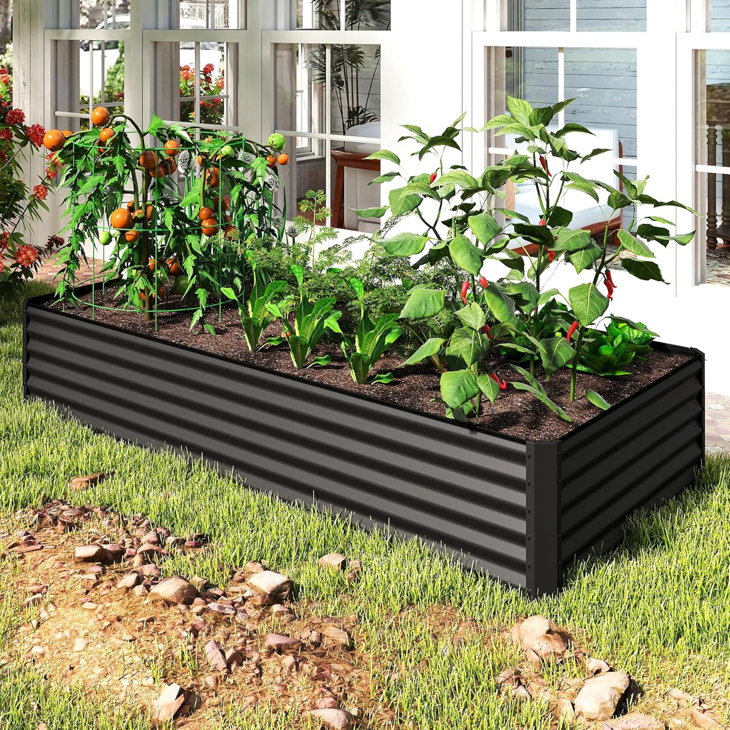 8×4×1.5 ft Galvanized Raised Garden Bed, Outdoor Planter Garden Boxes Large Metal Planter Box for Gardening Vegetables Fruits Flowers, Dark Grey