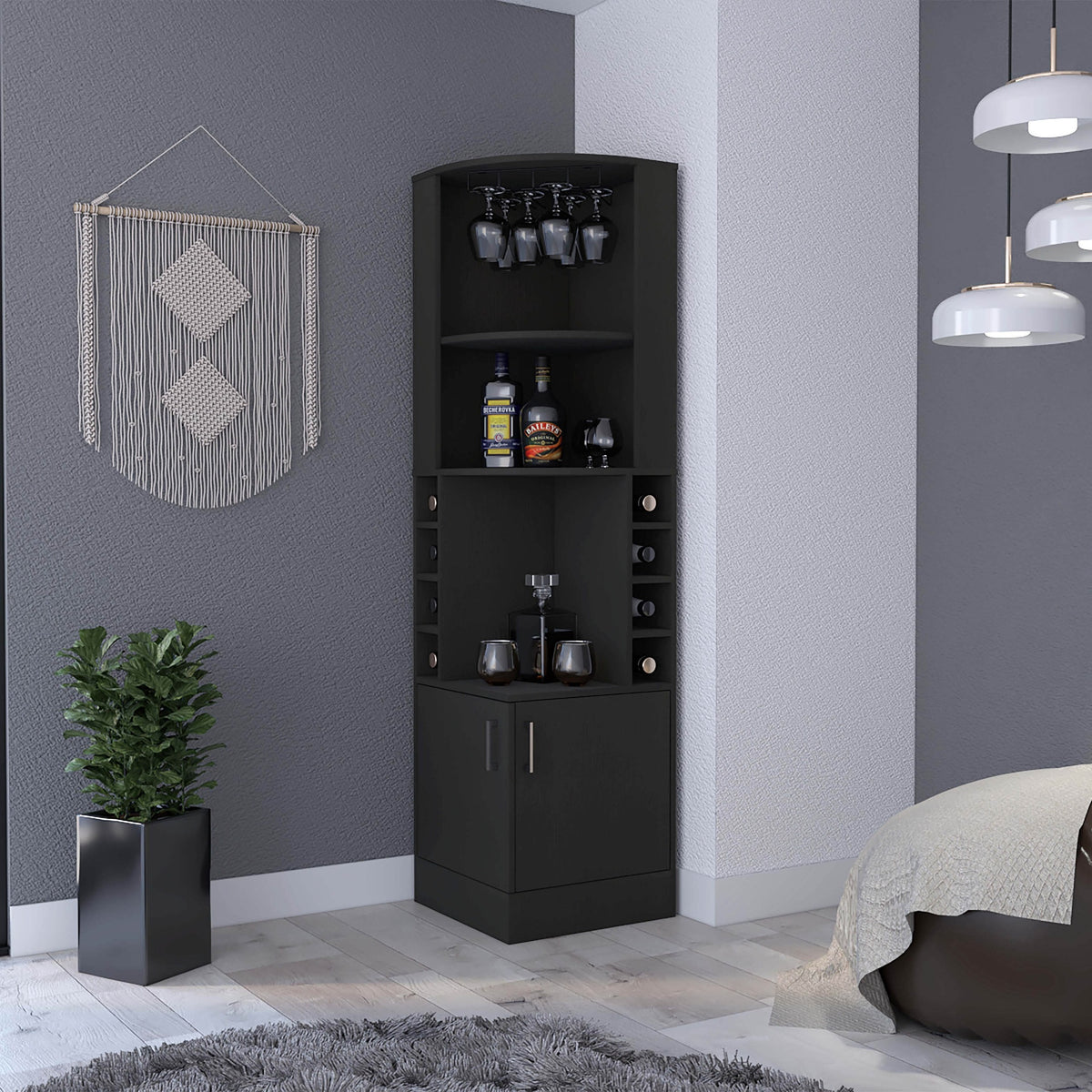 Corner Bar Cabinet, Double Door Cabinet, Glass Rack, Eight Built-in Wine Rack, Black