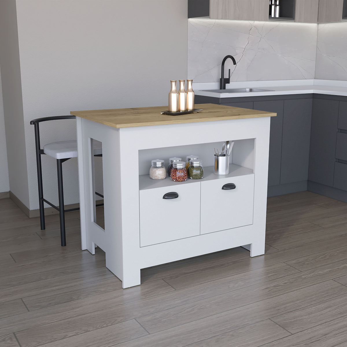 Floyd Kitchen Island 35" H , whit  2 doors, 3 shelves, White/Macadamia