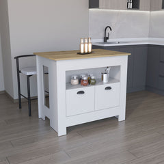 Floyd Kitchen Island 35" H , whit  2 doors, 3 shelves, White/Macadamia