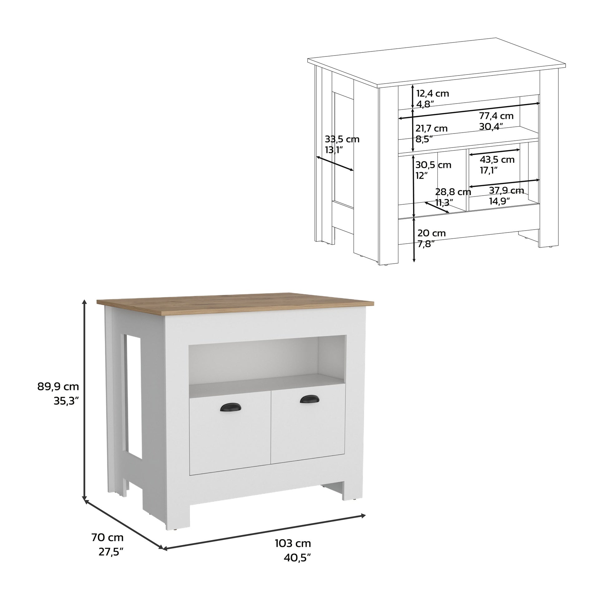 Floyd Kitchen Island 35" H , whit  2 doors, 3 shelves, White/Macadamia