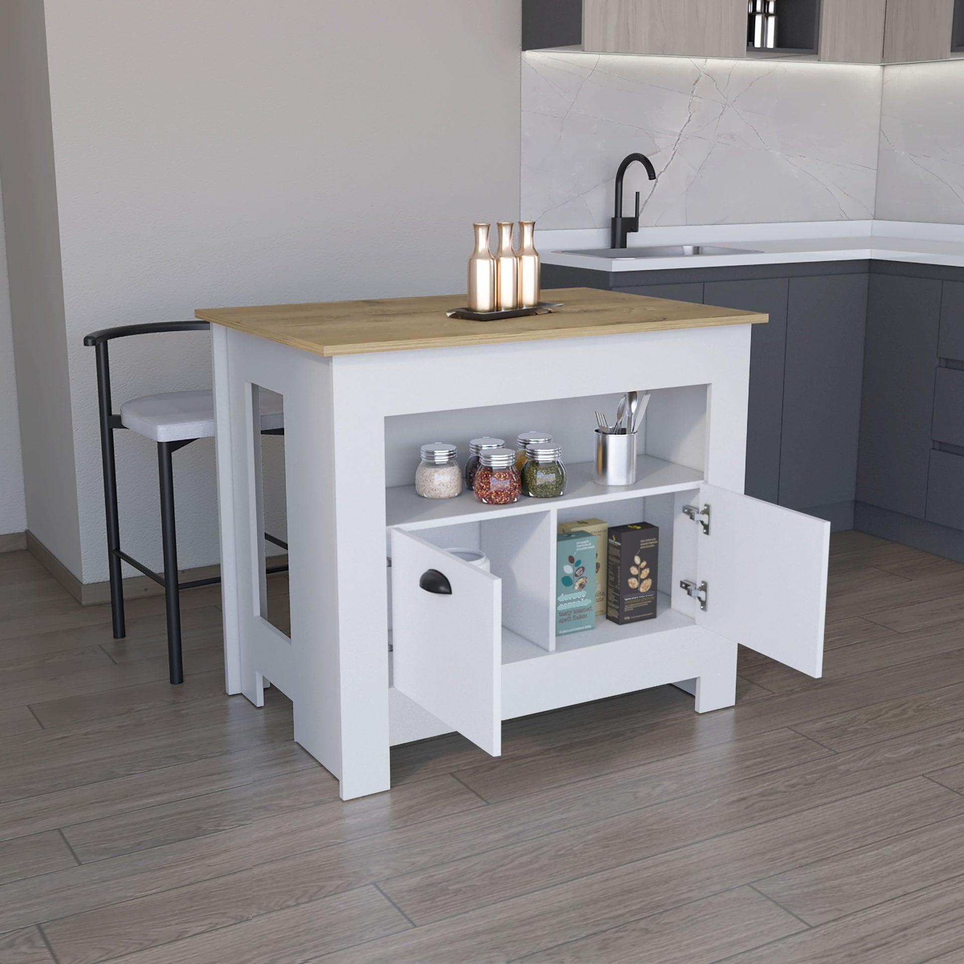 Floyd Kitchen Island 35" H , whit  2 doors, 3 shelves, White/Macadamia