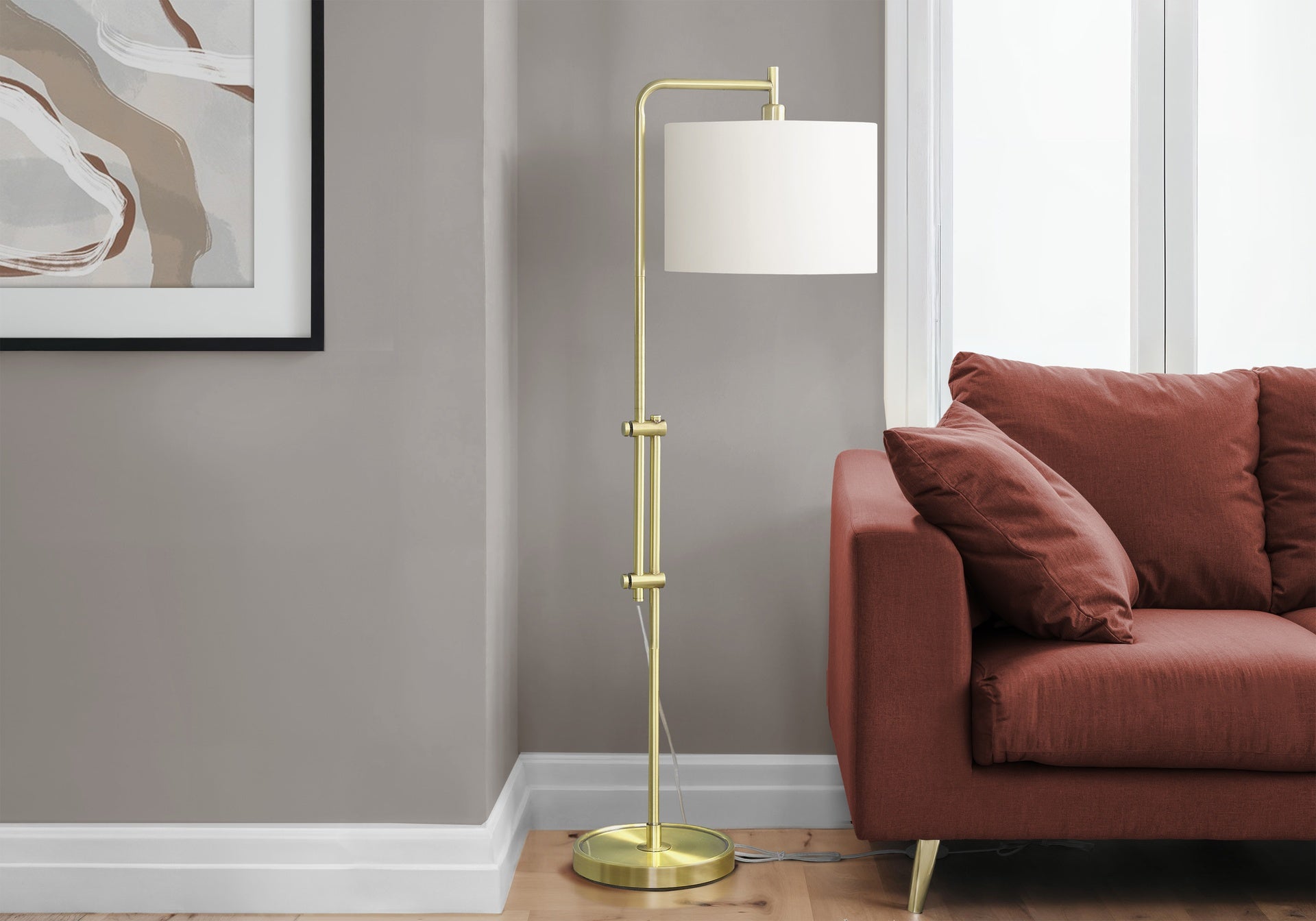 Lighting, 63"h, Floor Lamp, Brass Metal, Ivory / Cream Shade, Contemporary
