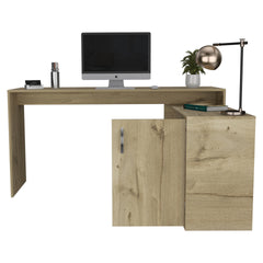 L-Shaped Desk, Single Door Cabinet, Two Open Shelves, Two Interior Shelves, Light Oak