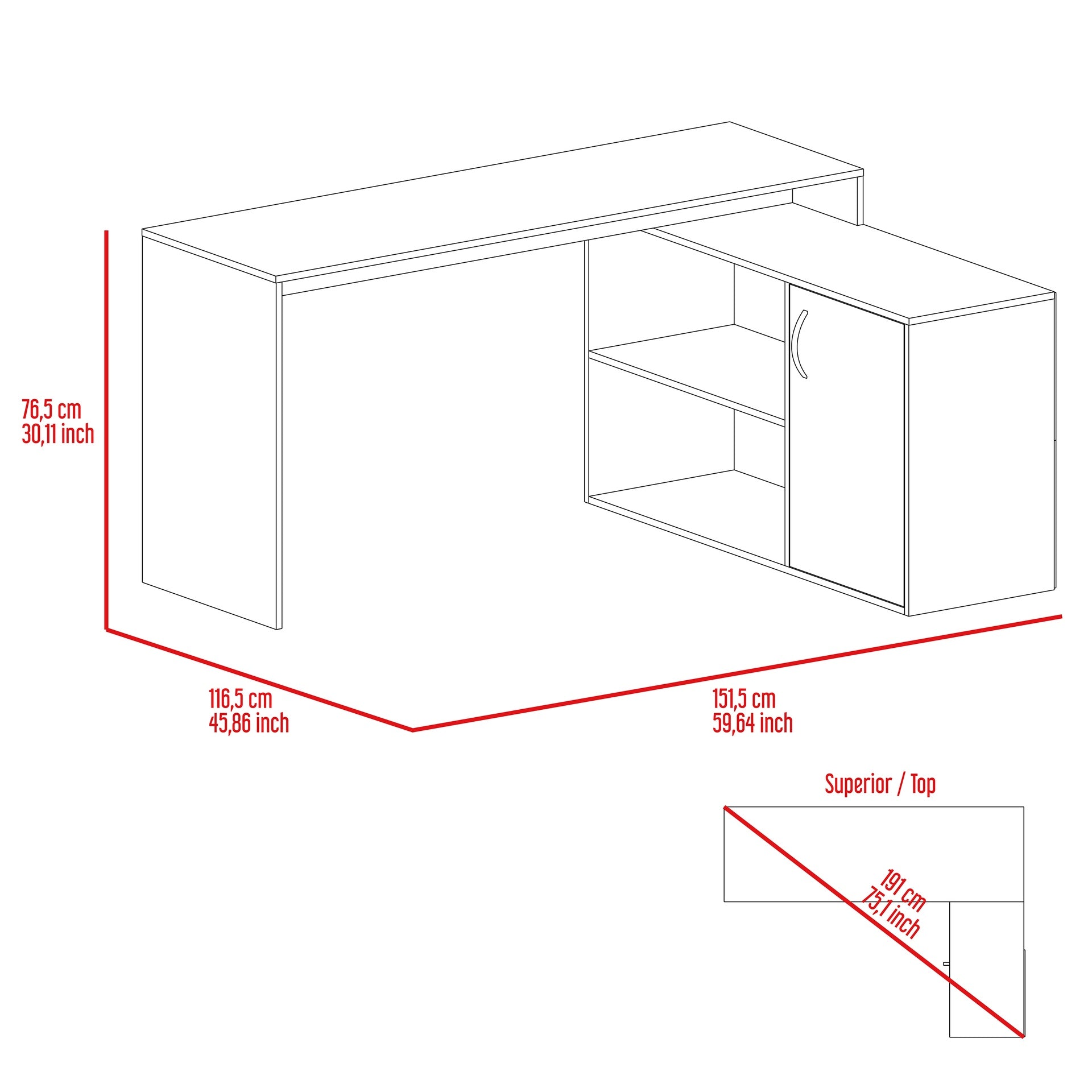 L-Shaped Desk, Single Door Cabinet, Two Open Shelves, Two Interior Shelves, Light Oak
