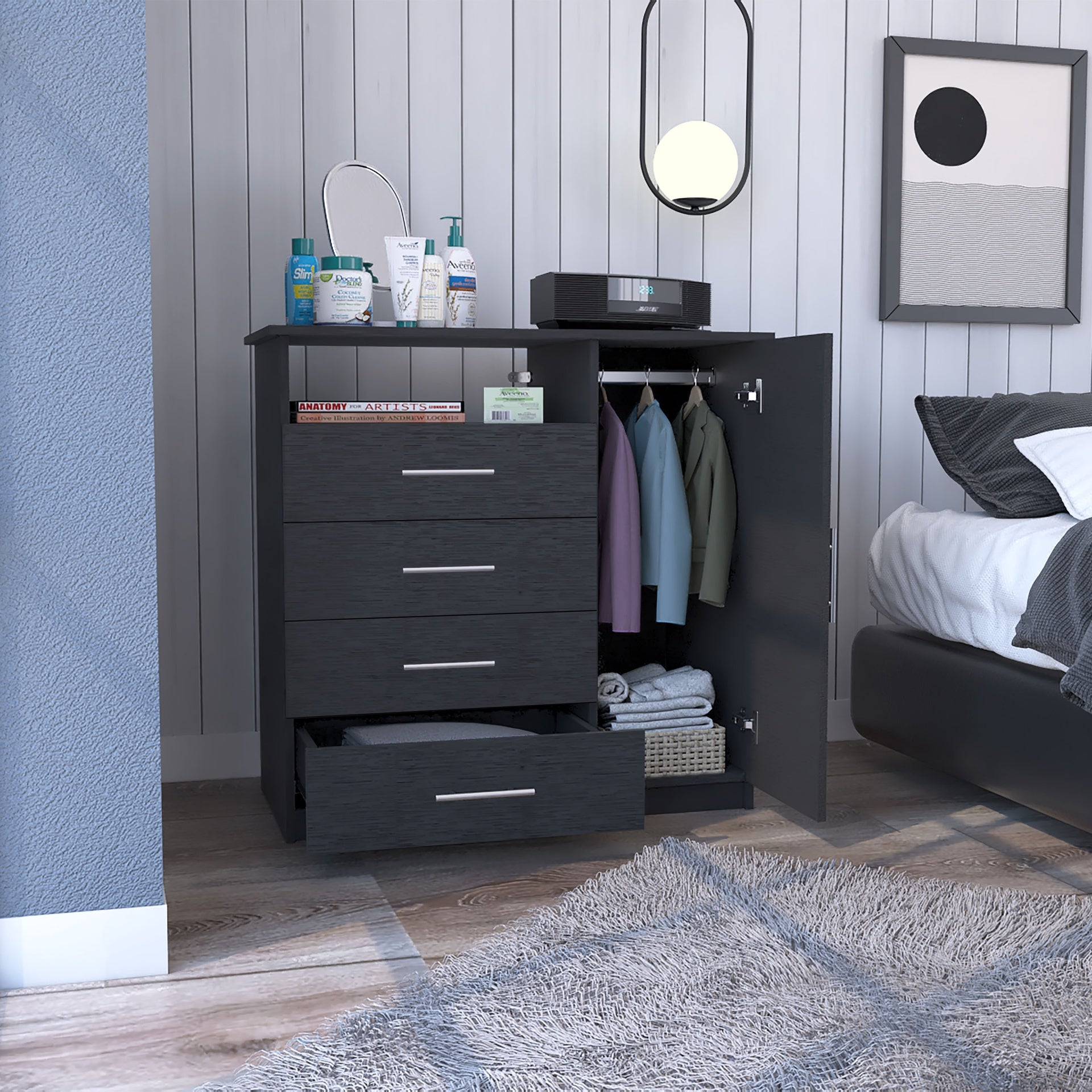 4 Drawer Dresser, One Open Shelf, Superior Top, Single Door Cabinet, Black