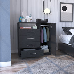 4 Drawer Dresser, One Open Shelf, Superior Top, Single Door Cabinet, Black