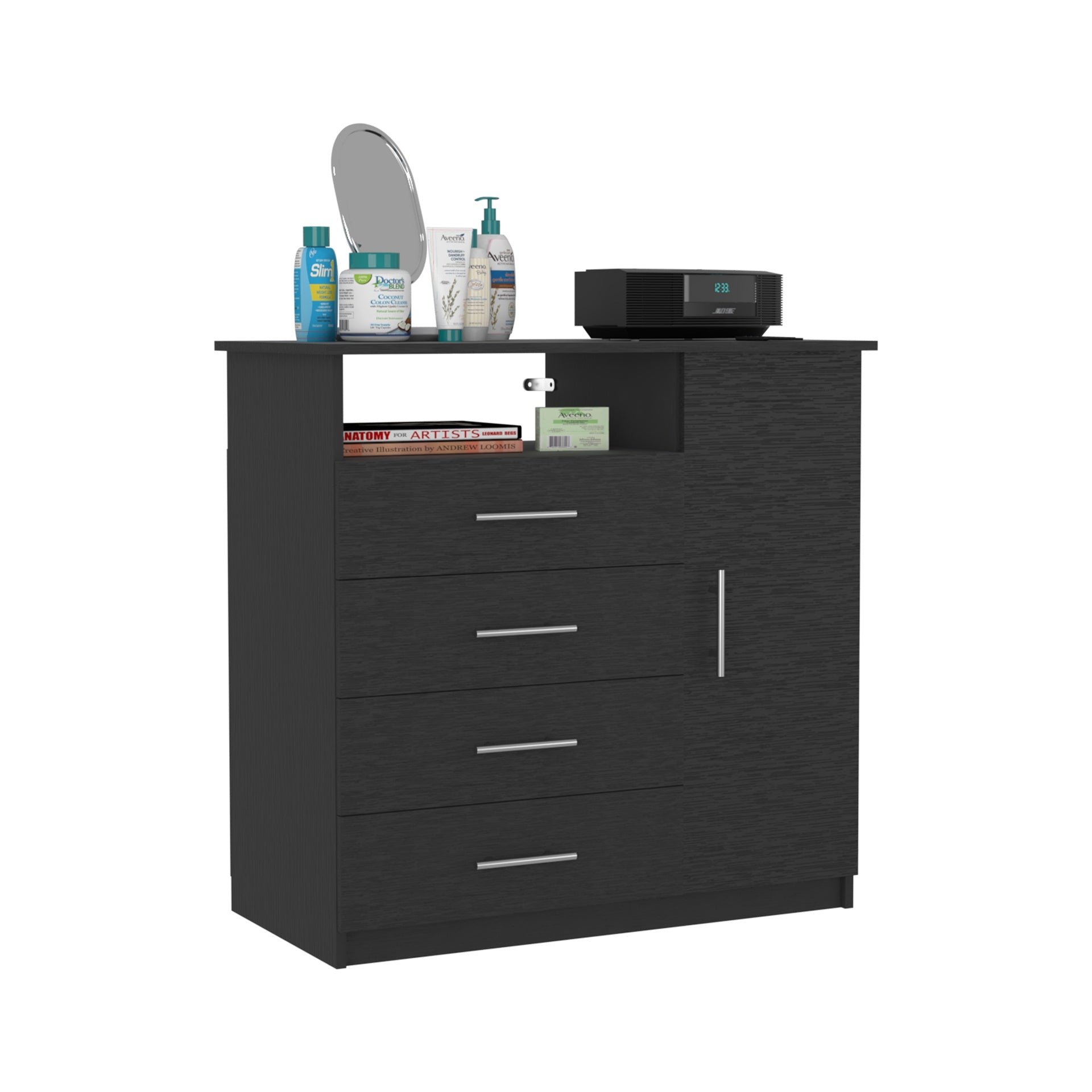 4 Drawer Dresser, One Open Shelf, Superior Top, Single Door Cabinet, Black