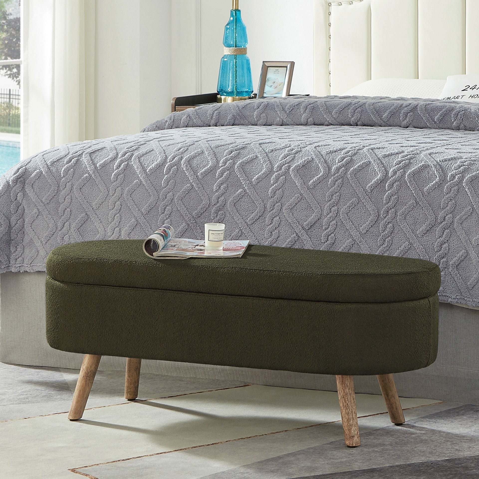 Luxury Oval Boucle Storage Ottoman Bench with Wood Legs 350lb Weight Capacity & Safety Hinge, for Living Room, Bedroom Entryway,DARK GREEN