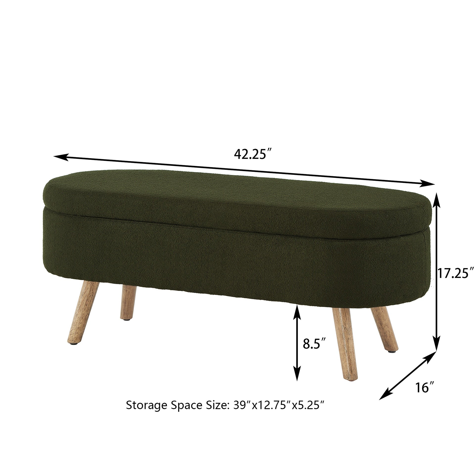 Luxury Oval Boucle Storage Ottoman Bench with Wood Legs 350lb Weight Capacity & Safety Hinge, for Living Room, Bedroom Entryway,DARK GREEN