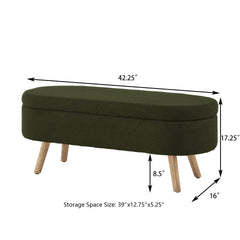 Luxury Oval Boucle Storage Ottoman Bench with Wood Legs 350lb Weight Capacity & Safety Hinge, for Living Room, Bedroom Entryway,DARK GREEN
