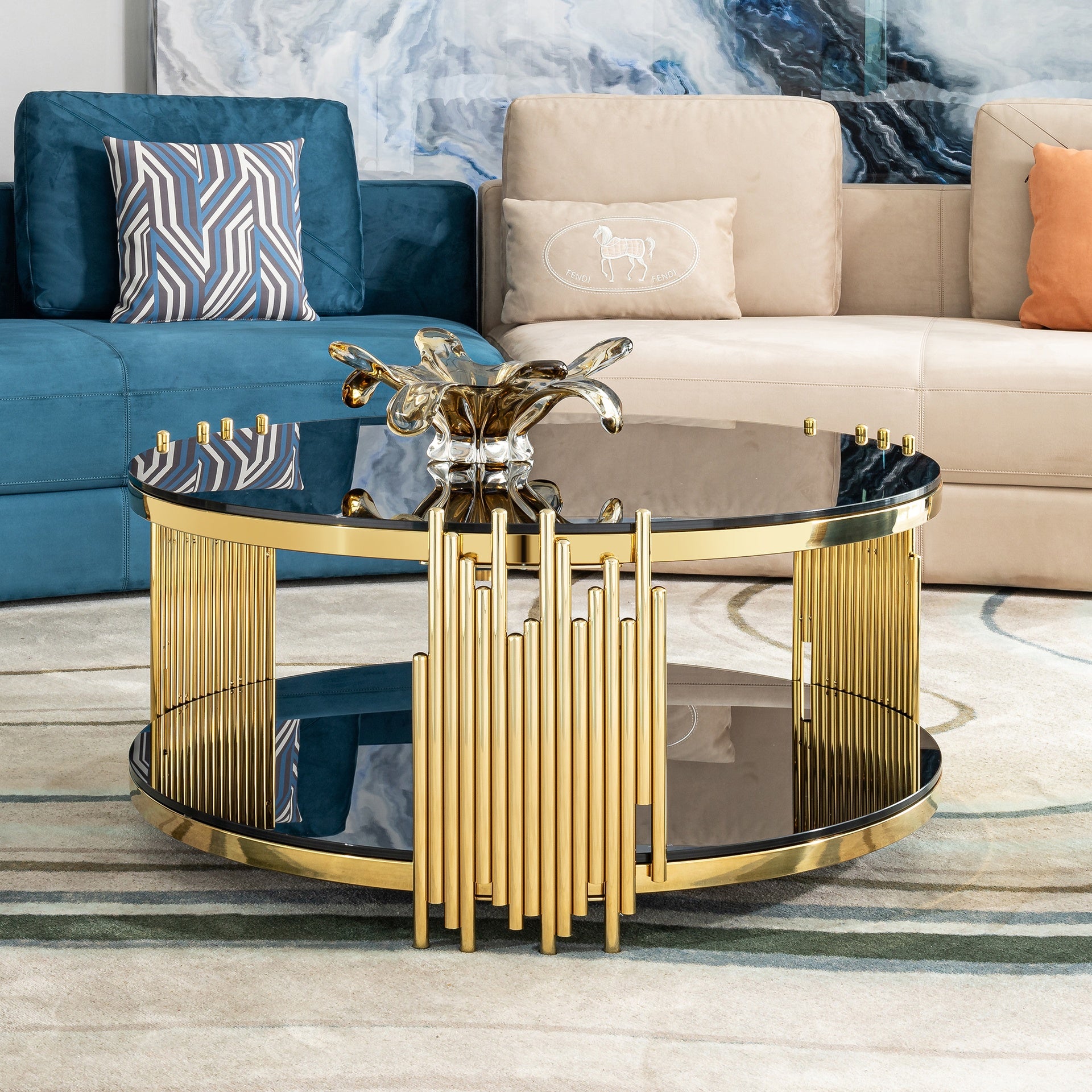 Modern Coffee Table - Double-Layer Tempered Black Glass  & Gold Stainless Steel Frame Living Room Table L 31.5 x W 31.5 x H 17.72 Inches easy assembly