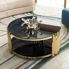 Modern Coffee Table - Double-Layer Tempered Black Glass  & Gold Stainless Steel Frame Living Room Table L 31.5 x W 31.5 x H 17.72 Inches easy assembly