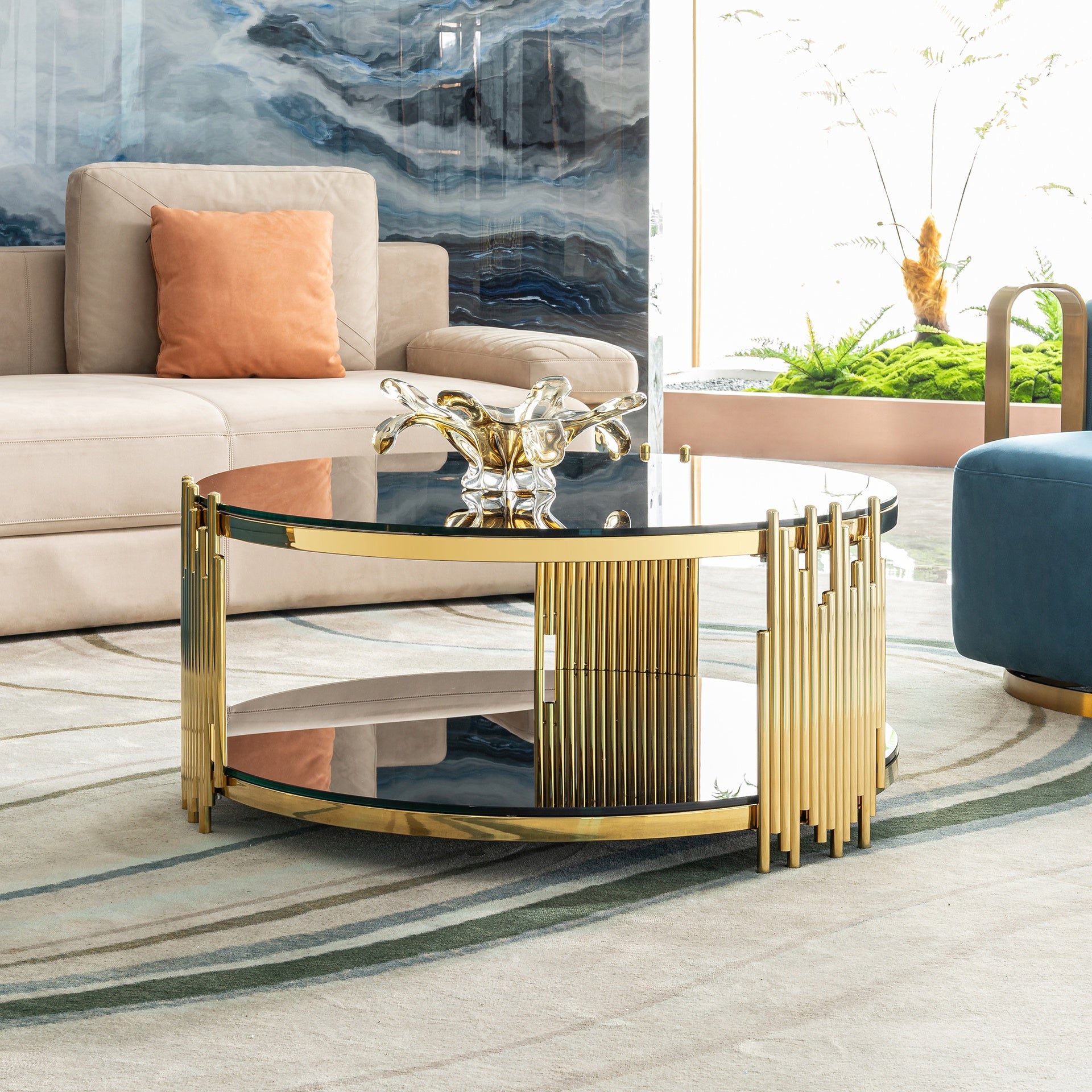Modern Coffee Table - Double-Layer Tempered Black Glass  & Gold Stainless Steel Frame Living Room Table L 31.5 x W 31.5 x H 17.72 Inches easy assembly