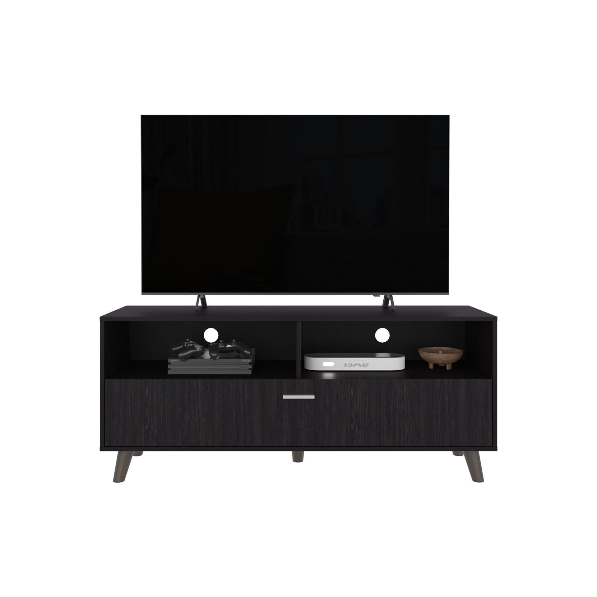 Tv Stand, 1 Door, 2 Shelves, Black Wengue