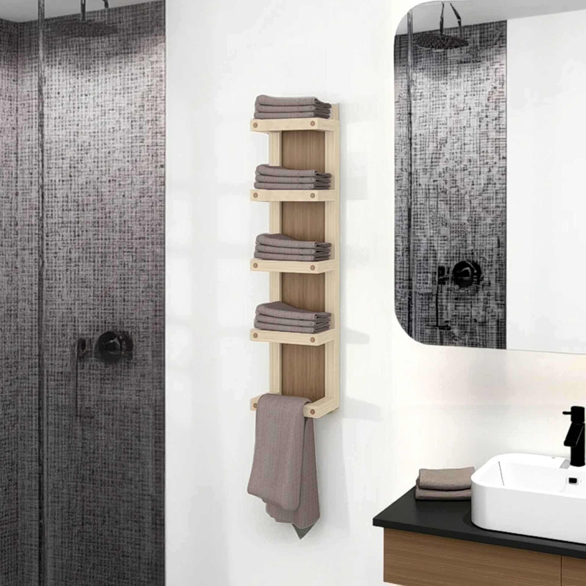 Chidester Towel Rack 31.1" H, 5 Shelves, Natural Oak / Beige - Bathroom