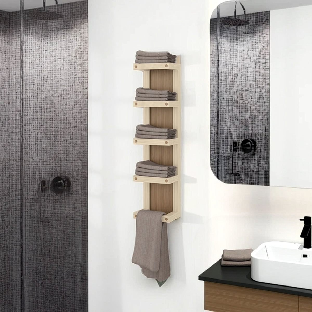 Chidester Towel Rack 31.1" H, 5 Shelves, Natural Oak / Beige - Bathroom