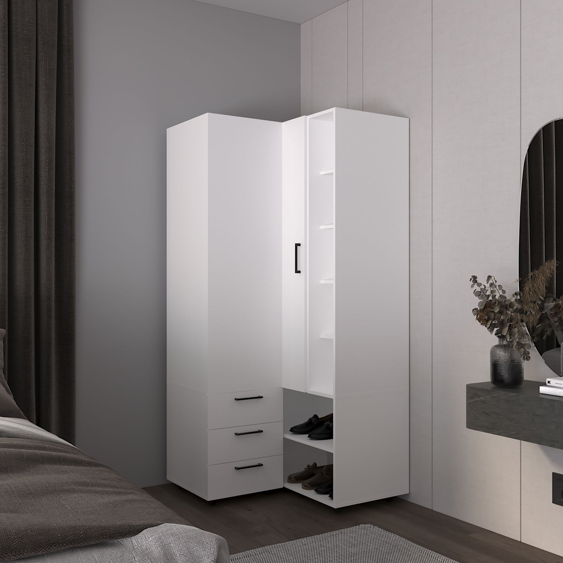 Armoire 70.9" H, 1 Door, 3 Drawers, 7 Shelves, 10 Legs, White - Bedroom