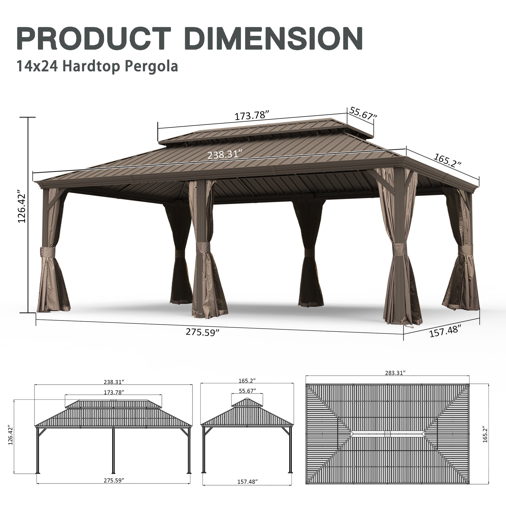 14' X 24' Hardtop Gazebo, Upgraded Metal Gazebo with Drainage System, Dual-Layer Galvanized Steel Roof, Curtain and Netting, Outdoor Shelter Canopy for Patio, Garden, and Backyard, Brown