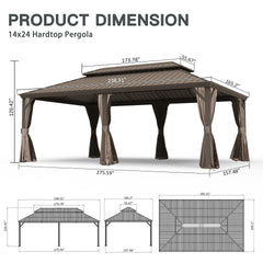 14' X 24' Hardtop Gazebo, Upgraded Metal Gazebo with Drainage System, Dual-Layer Galvanized Steel Roof, Curtain and Netting, Outdoor Shelter Canopy for Patio, Garden, and Backyard, Brown