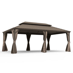 14' X 24' Hardtop Gazebo, Upgraded Metal Gazebo with Drainage System, Dual-Layer Galvanized Steel Roof, Curtain and Netting, Outdoor Shelter Canopy for Patio, Garden, and Backyard, Brown
