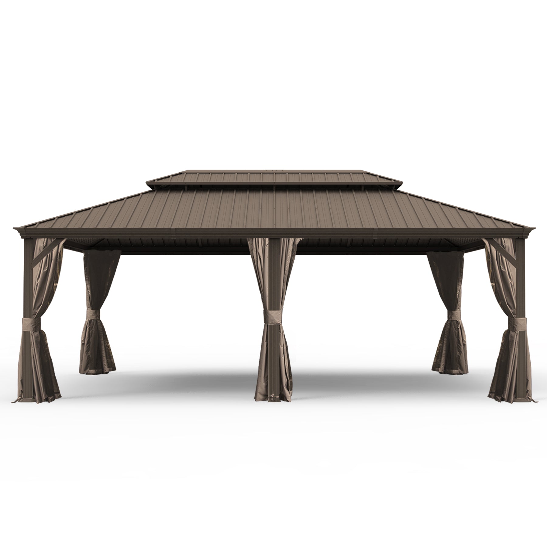 14' X 24' Hardtop Gazebo, Upgraded Metal Gazebo with Drainage System, Dual-Layer Galvanized Steel Roof, Curtain and Netting, Outdoor Shelter Canopy for Patio, Garden, and Backyard, Brown