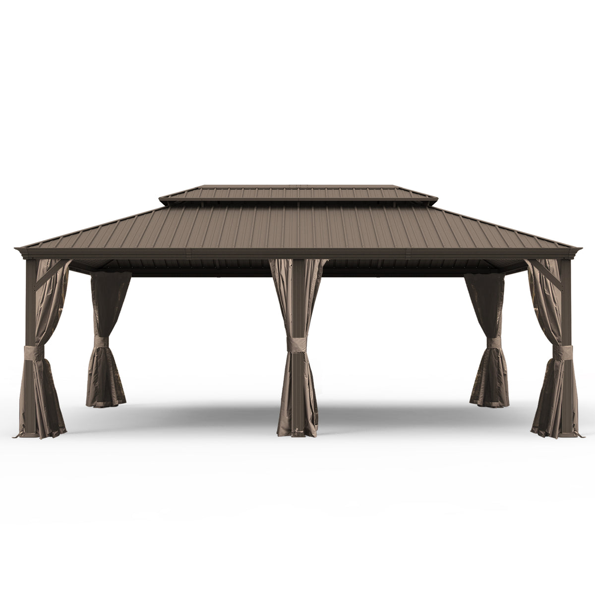 14' X 24' Hardtop Gazebo, Upgraded Metal Gazebo with Drainage System, Dual-Layer Galvanized Steel Roof, Curtain and Netting, Outdoor Shelter Canopy for Patio, Garden, and Backyard, Brown