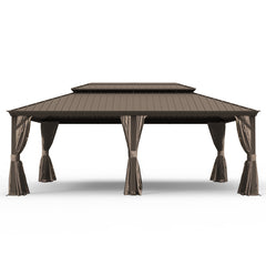 14' X 24' Hardtop Gazebo, Upgraded Metal Gazebo with Drainage System, Dual-Layer Galvanized Steel Roof, Curtain and Netting, Outdoor Shelter Canopy for Patio, Garden, and Backyard, Brown