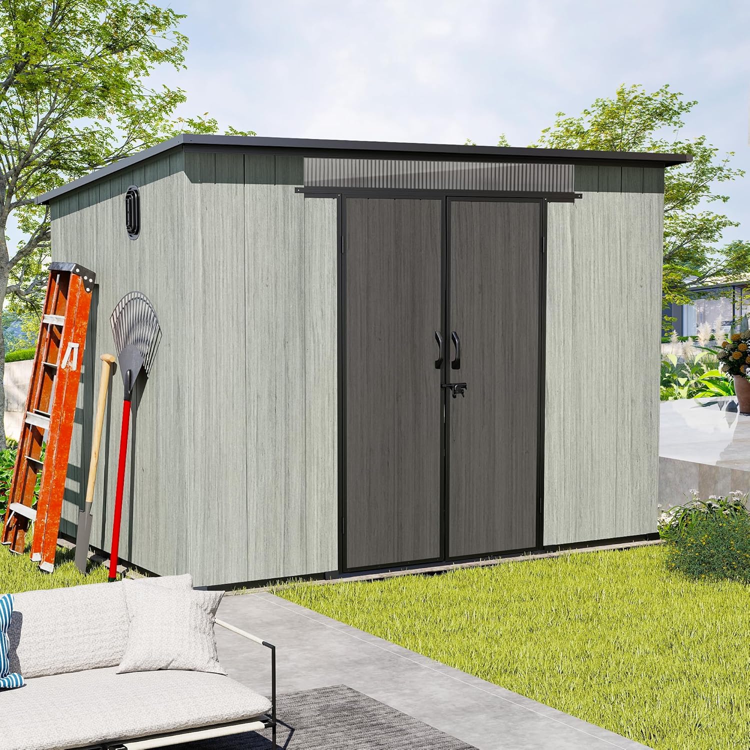 6x9FT Outdoor Resin Storage Shed with Transparent Windows & Louvered Vents, Plastic Tool Shed with Double Lockable Doors & Sloping Roof, Outside Garden Shed for Backyard, Patio, Lawn, Gray