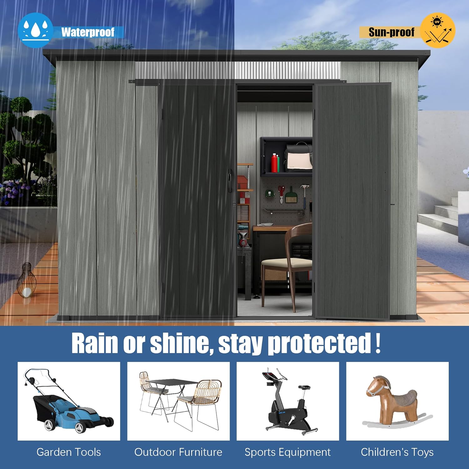 6x9FT Outdoor Resin Storage Shed with Transparent Windows & Louvered Vents, Plastic Tool Shed with Double Lockable Doors & Sloping Roof, Outside Garden Shed for Backyard, Patio, Lawn, Gray